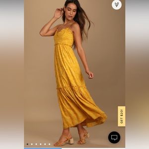 Lulus floor length dress: Charm and Charisma Mustard Yellow Burnout Floral Midi